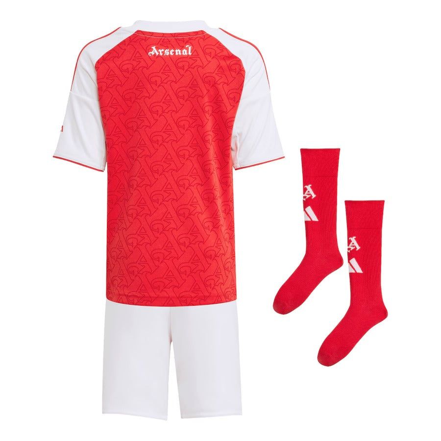 maglia bambino Arsenal Home stagione 2025 2026 con pantaloncini e calzettoni
