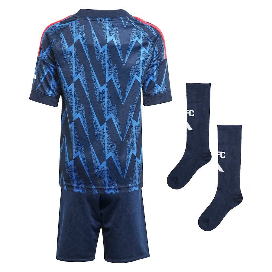 Maglia bambino Arsenal away stagione 2025 2026 con pantaloncini e calzettoni