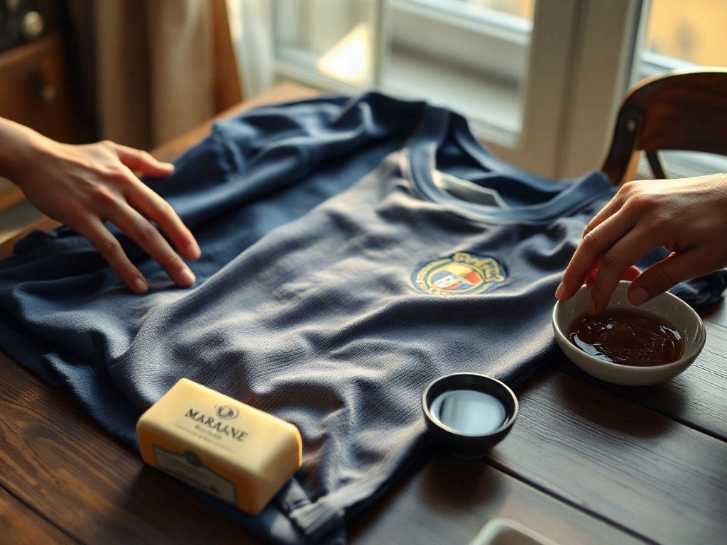 Mani di un collezionista che esaminano una maglia da calcio vintage prima del lavaggio a mano
