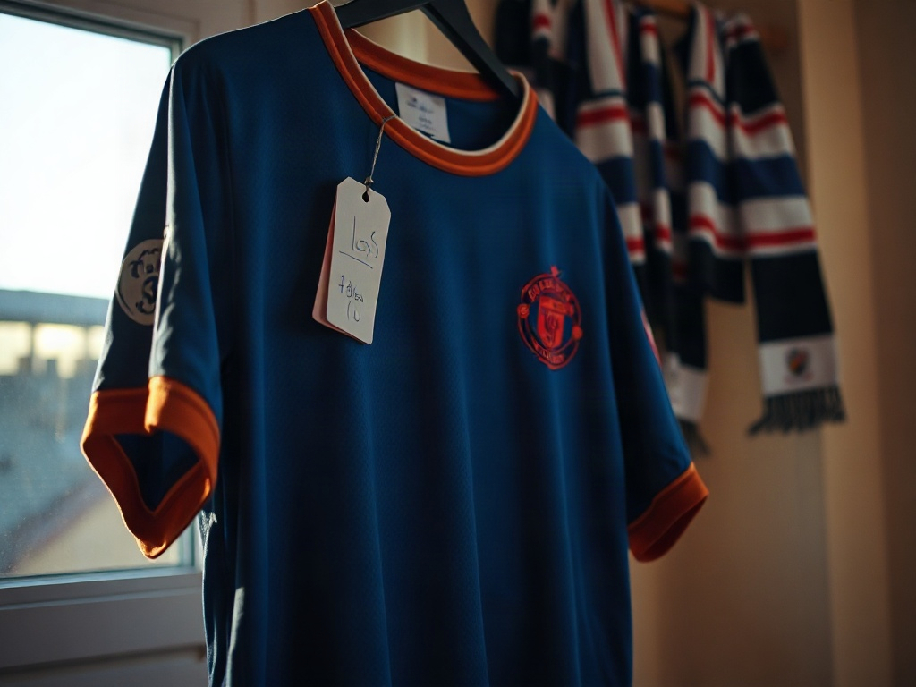 Maglia da calcio appesa con cartellino prezzo saldo, luce di fine pomeriggio che illumina il ricamo dello stemma