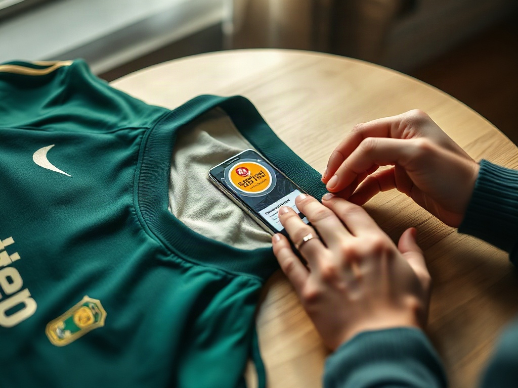 Mani di un tifoso che controllano il tag interno di una maglia usata acquistata su piattaforma di seconda mano