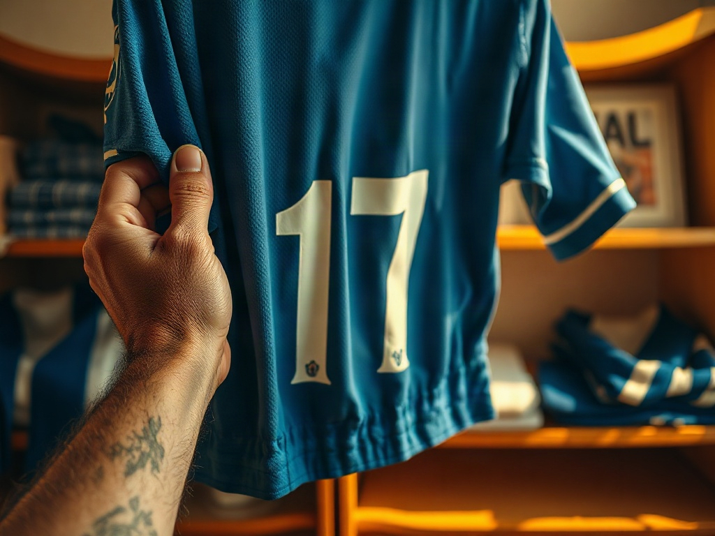 Mani di un collezionista che esaminano il ricamo della maglia De Bruyne Napoli numero 17