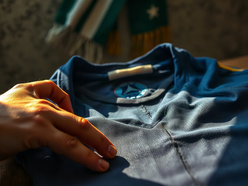Mani di un collezionista che esaminano l'etichetta interna di una maglia da calcio su un tavolo di legno