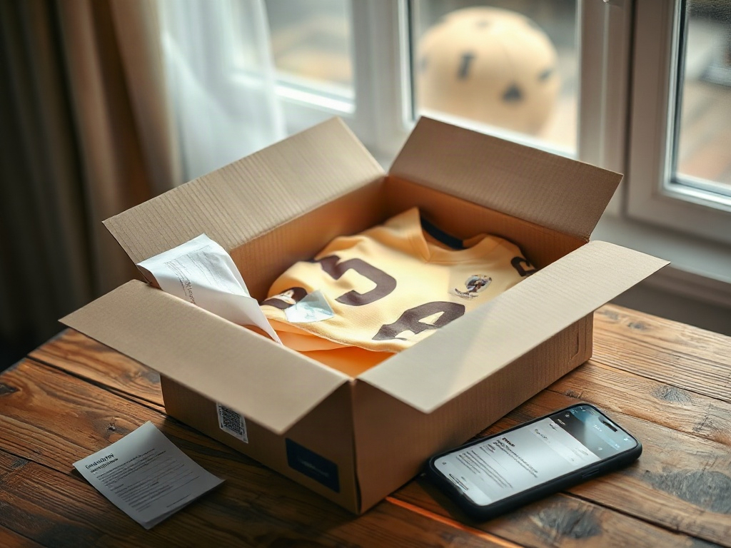 Scatola di spedizione aperta con maglia da calcio in packaging trasparente e ricevuta di consegna sul tavolo