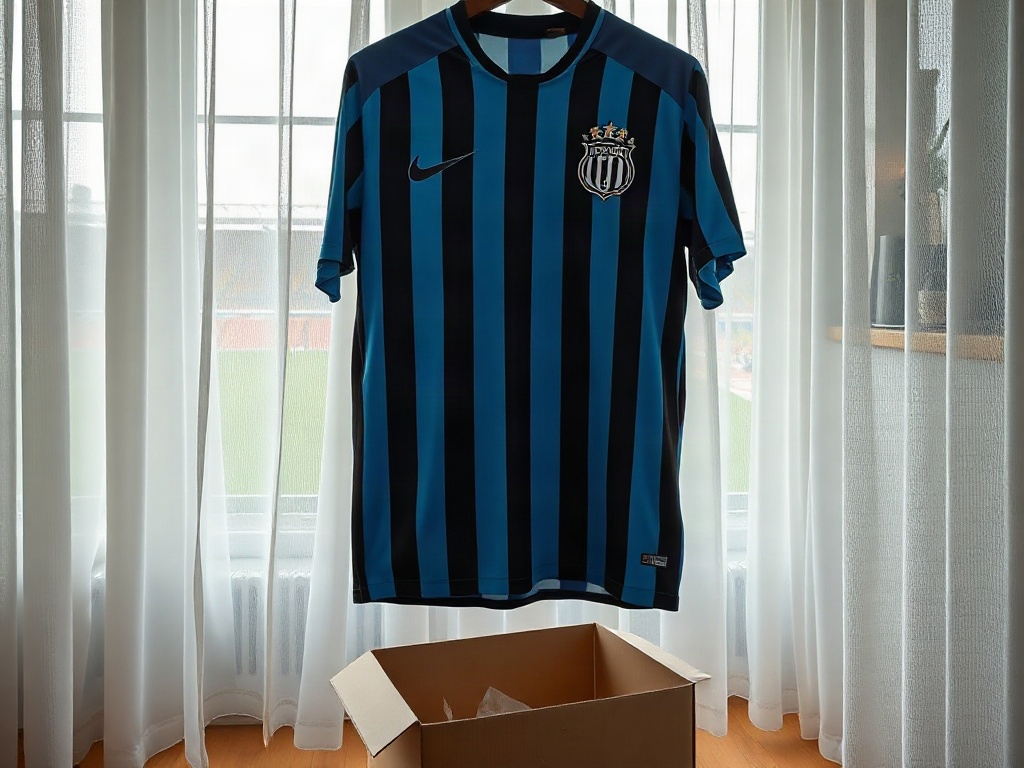 Maglia Atalanta 2026 appesa su un appendiabiti in legno con la confezione originale aperta sotto