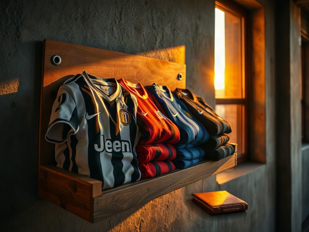 Cinque maglie dei principali club italiani di Serie A piegate su uno scaffale in legno con luce dorata