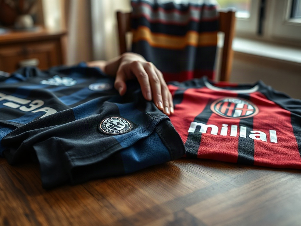 Mani di un collezionista che esamina il ricamo sulle maglie di Inter e Milan a confronto