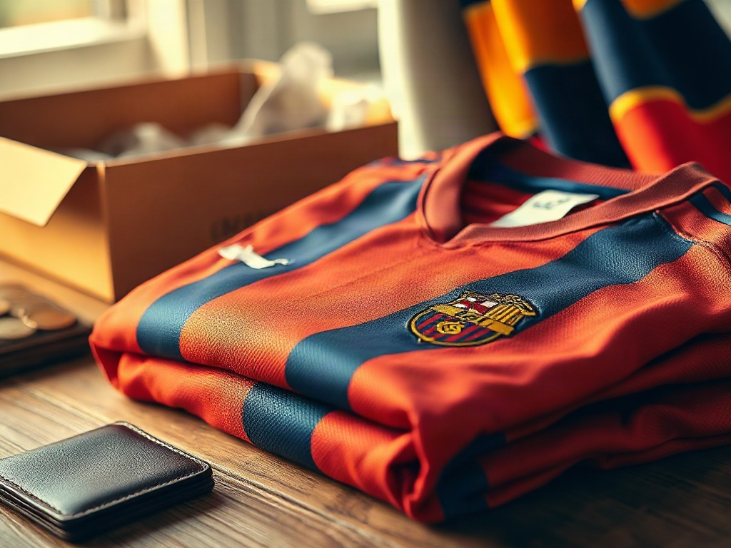 Maglia da calcio ufficiale con cartellino del prezzo sul tavolo di legno