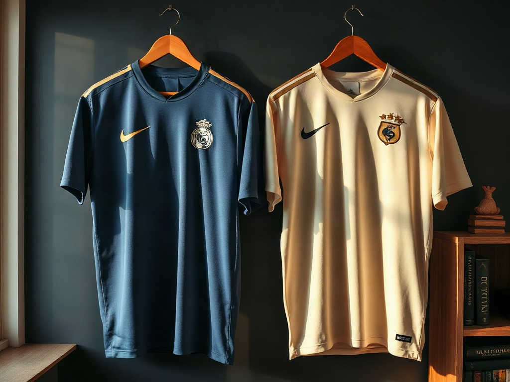 Confronto tra maglia player version e maglia concept appese su una rastrelliera in legno