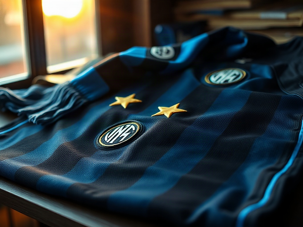 Dettaglio delle due stelle dorate ricamate sopra lo stemma sulla maglia ufficiale dell'Inter
