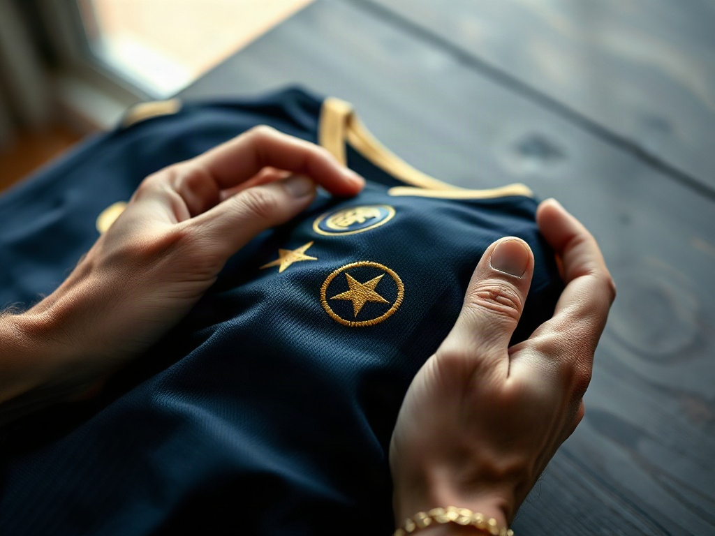 Mani di un collezionista che esaminano il ricamo della seconda stella sulla maglia dell'Inter