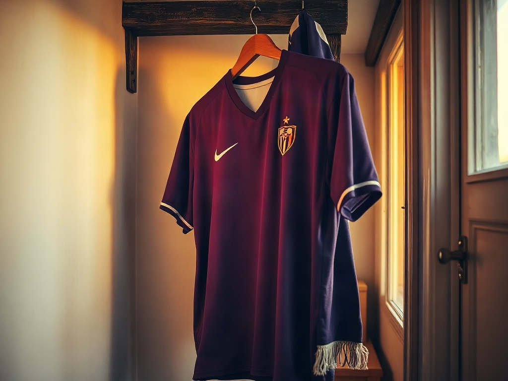 Maglia Fiorentina 2026 appesa su appendiabiti in casa di un tifoso viola, luce dorata pomeridiana