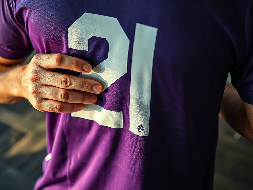 Mani di un collezionista che esaminano il numero stampato sul retro della nuova maglia Fiorentina 2026 sotto luce radente