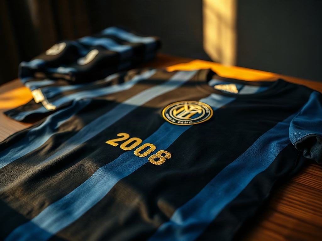 Dettaglio del crest brodato dorato sulla maglia centenario Inter 1908-2008 su tavolo in legno con luce calda