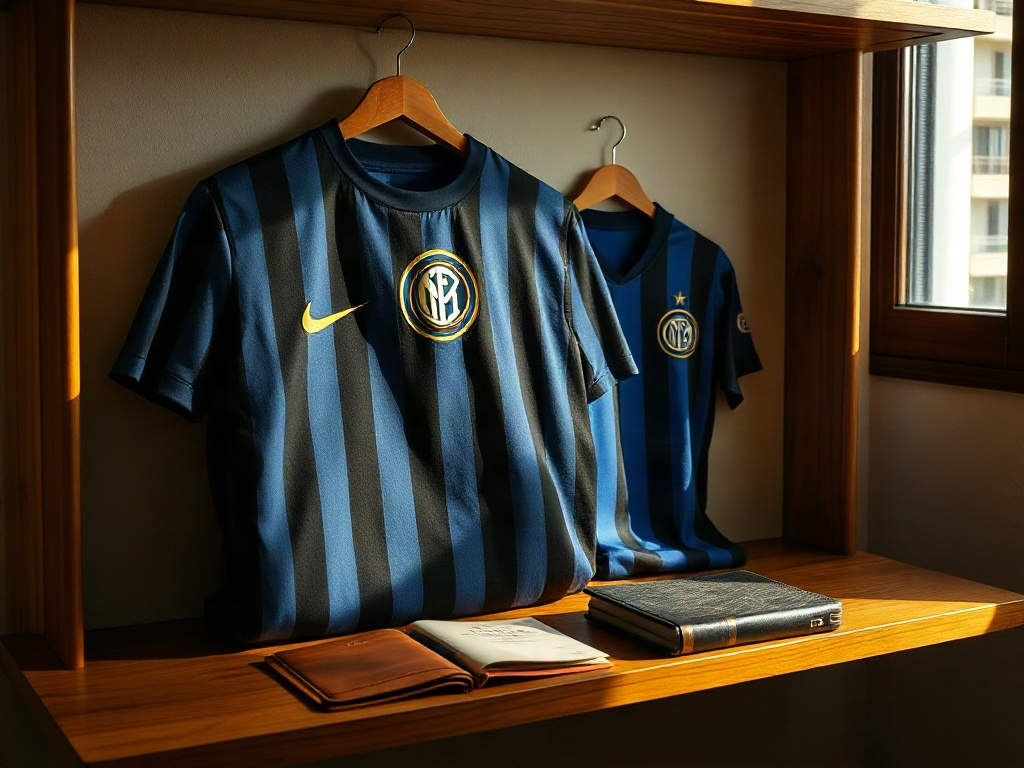 Scaffale da collezionista con maglia centenario Inter e altre maglie storiche nerazzurre in luce mattutina