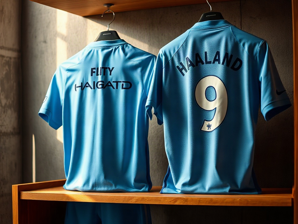 Confronto tra la versione Authentic e la versione Stadium della maglia Haaland Manchester City su uno scaffale da collezione