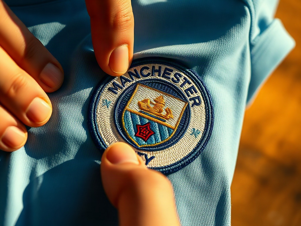 Dettaglio del crest ricamato sul petto della maglia Manchester City autentica, con la texture del filo visibile sotto luce radente