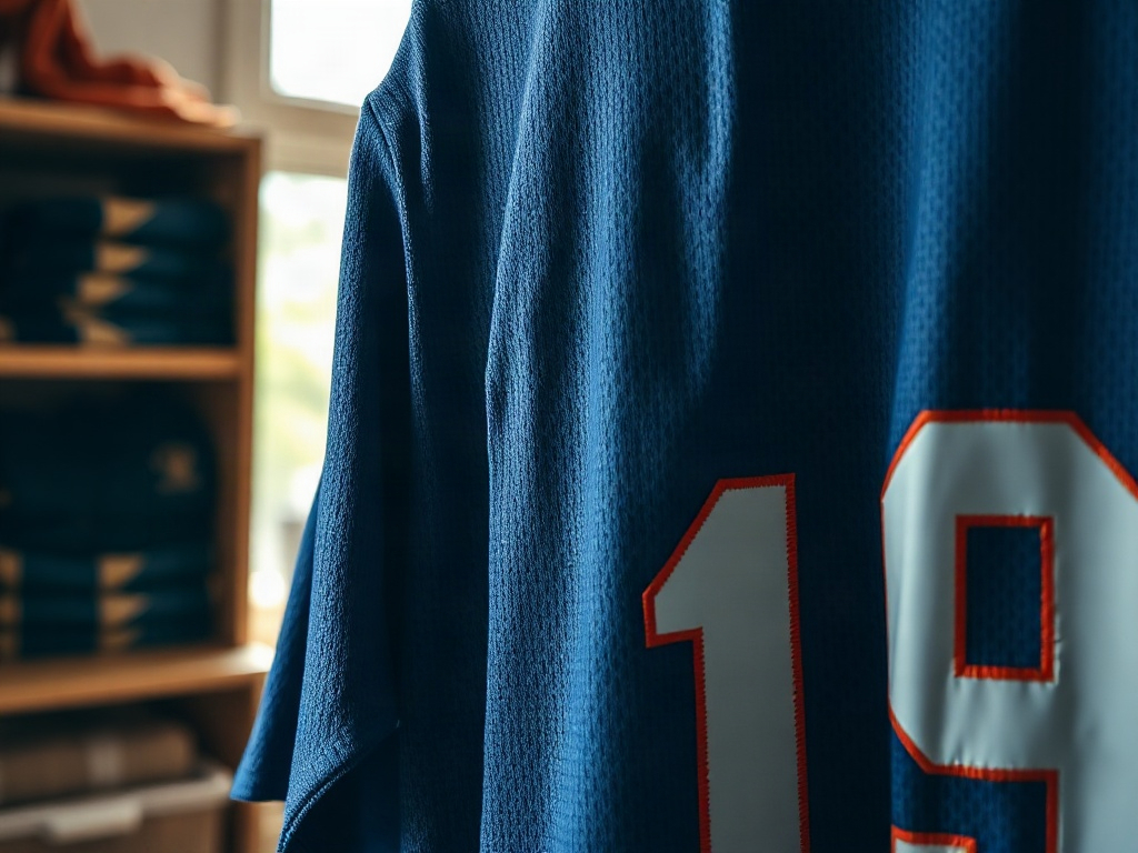 Dettaglio della maglia numero 19 appesa su un rack in legno con ricamo dello stemma visibile