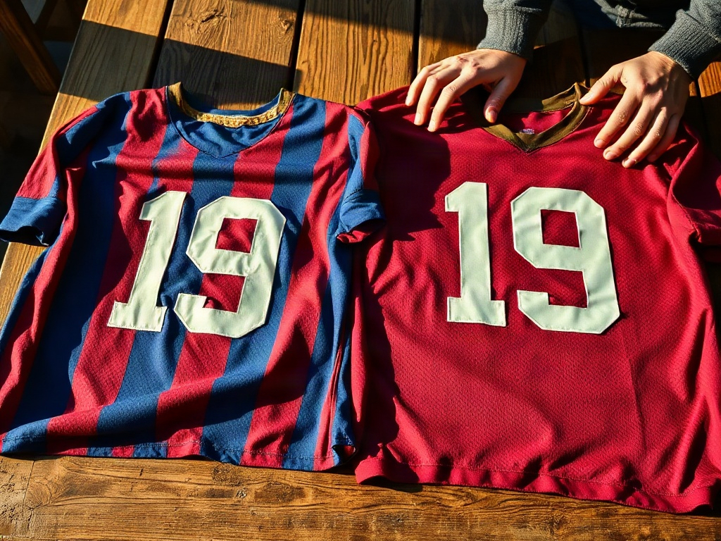 Le due versioni della maglia Yamal, Barcellona e Spagna, accostate su un tavolo da collezionista