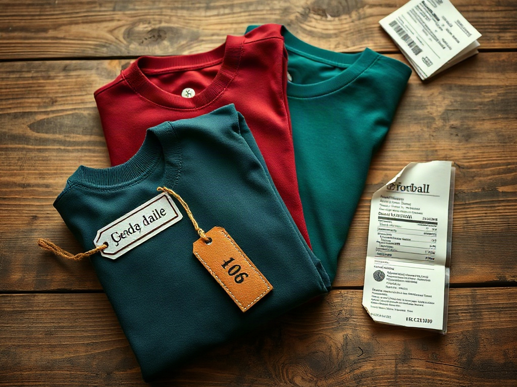 Maglie da calcio personalizzate a confronto su banco di mercatino con diverse tecniche di stampa