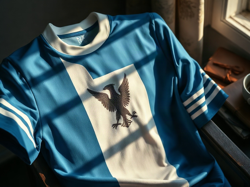 Maglia Lazio celeste appesa su una sedia in legno con luce mattutina che illumina il ricamo dell'aquila