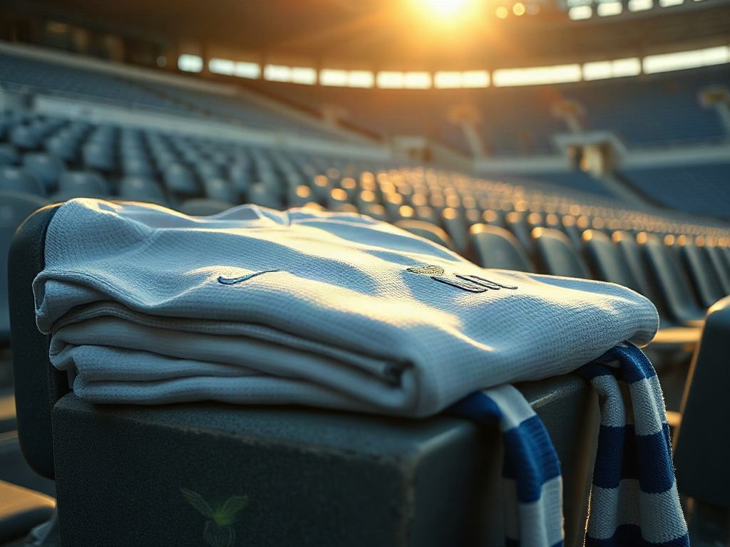 Kit away bianco Lazio piegato su un seggiolino dello stadio con atmosfera floodlight dorata al tramonto