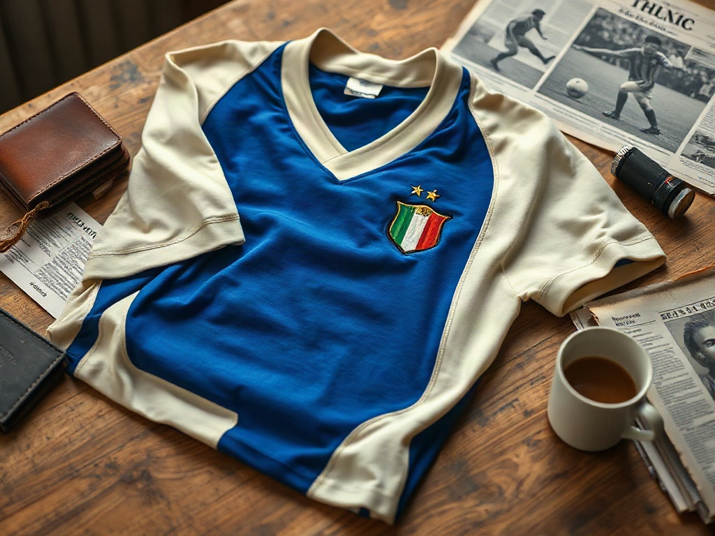 Maglia azzurra vintage con tre stelle FIGC su tavolo da mercatino antico, luce naturale diffusa