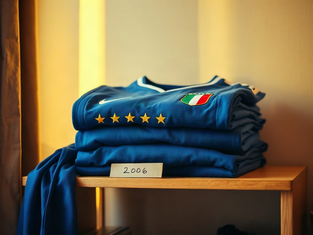 Scaffale da collezionista con maglie azzurre storiche a tre e quattro stelle, luce dorata laterale