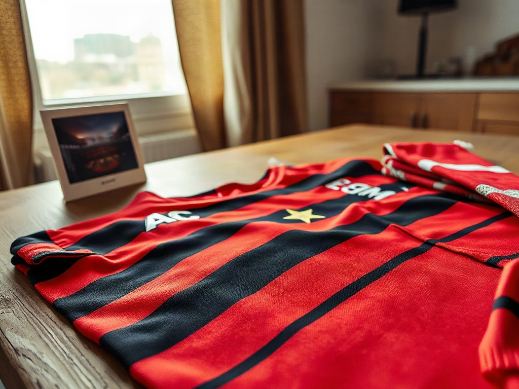 Maglia del Milan con una stella sul petto, posata su un tavolo di legno con luce naturale mattutina