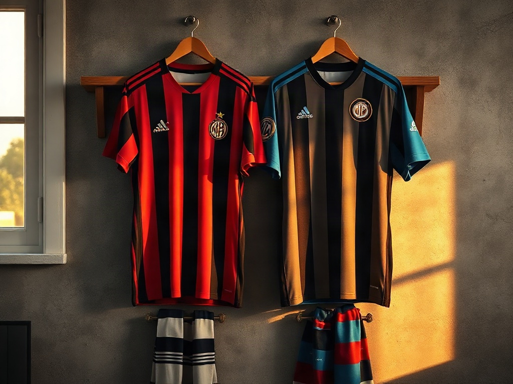 Due maglie a confronto su uno scaffale da collezione: Milan con una stella e Inter con due stelle