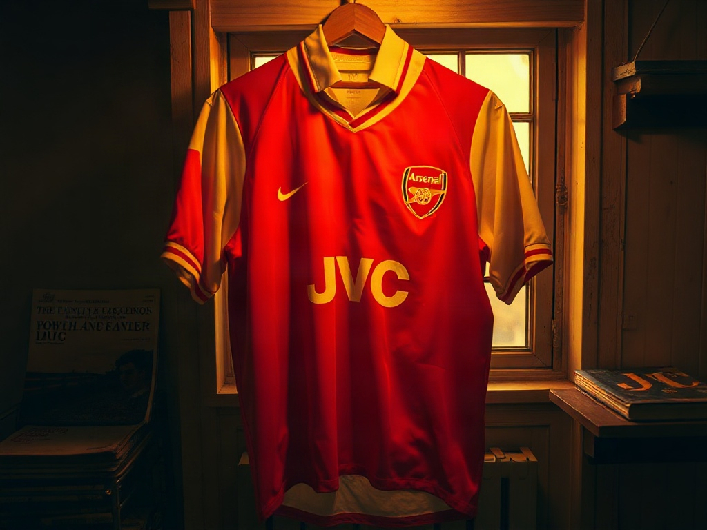 Maglia Arsenal anni Ottanta in poliestere con sponsor JVC sul petto, appesa su una rastrelliera da collezionista