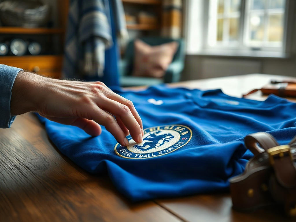 Mani di un collezionista che esaminano il ricamo su una maglia vintage Chelsea FC royal blue