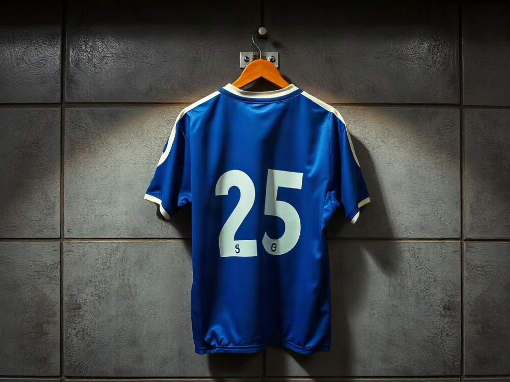 Maglia Chelsea Umbro anni Novanta appesa in uno spogliatoio con luce da stadio