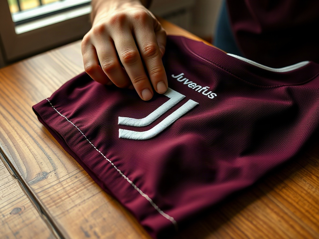 Mani di un collezionista che esamina il ricamo sul crest della terza maglia Juventus
