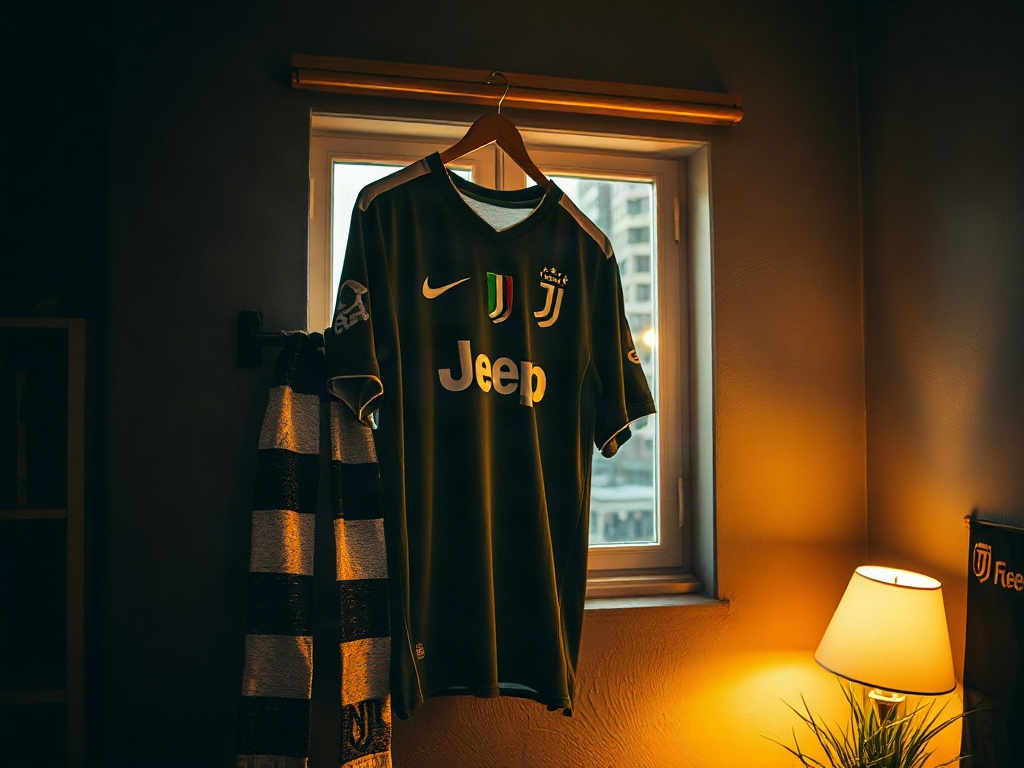 Terza maglia Juventus verde oliva appesa su una rastrelliera in un locale da supporter a Torino