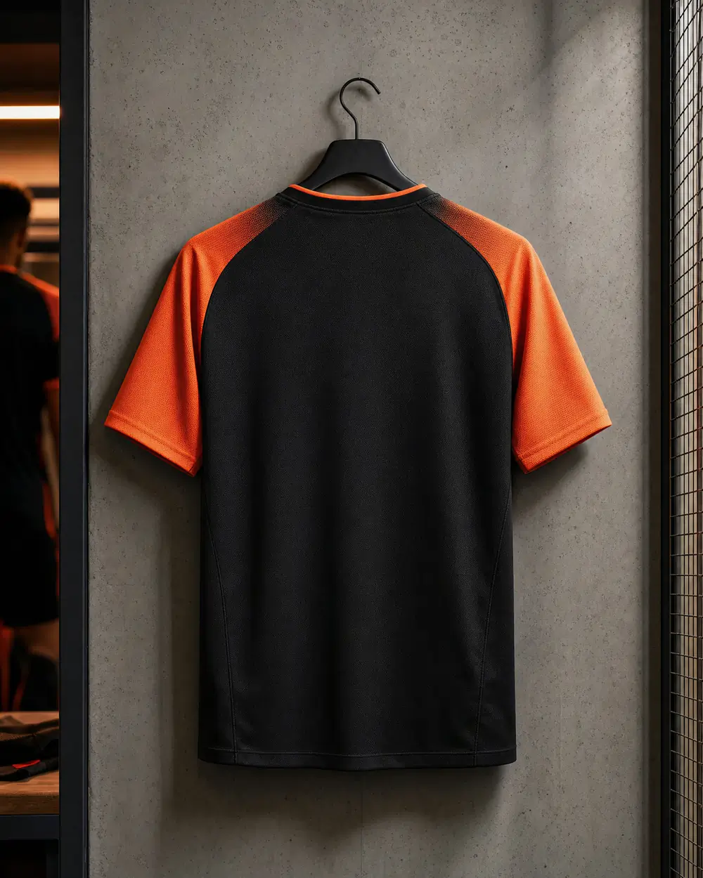 Schiena di una maglia da calcio nera e arancione pronta per nome e numero