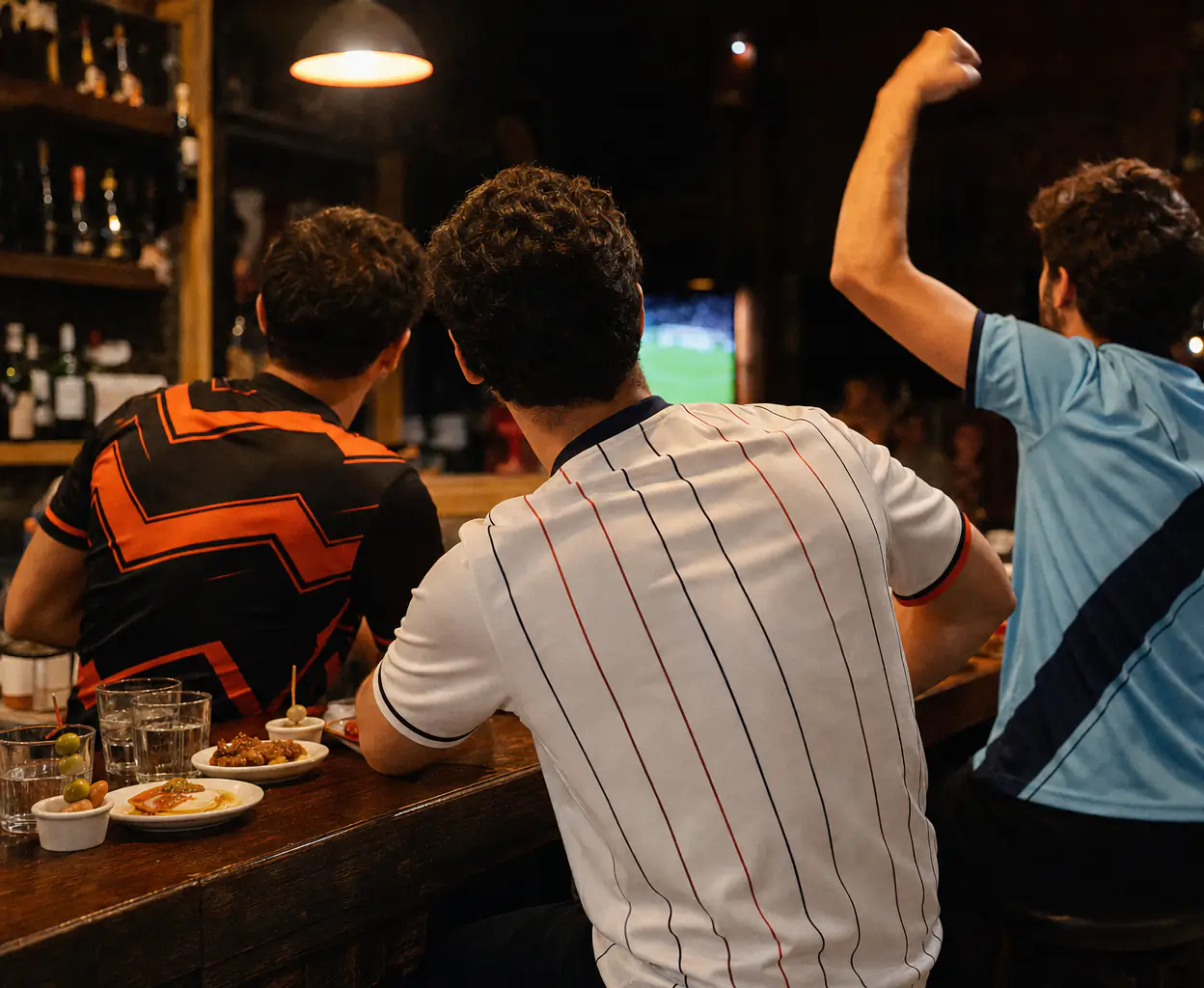 Amici con maglie concept esultano per un gol in un bar