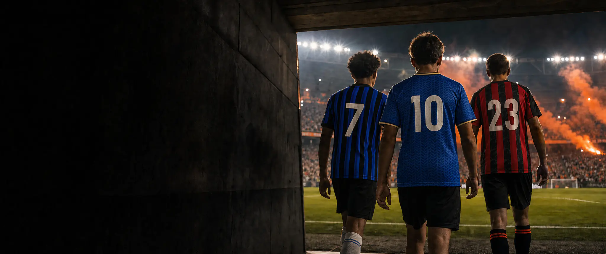 Tre giocatori di spalle con le maglie di Inter, Italia e Milan escono dal tunnel dello stadio di notte