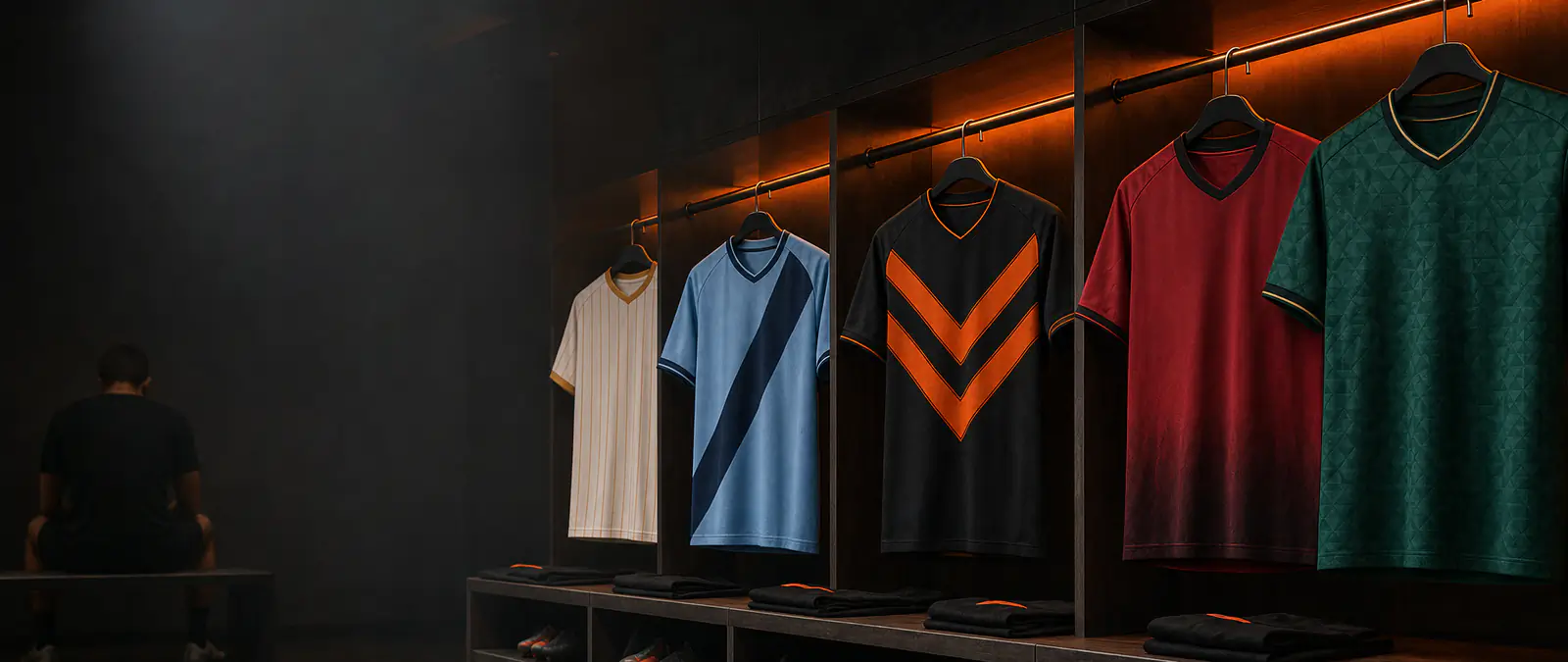 Maglie da calcio nuove appese in uno spogliatoio, stagione 2026/2027